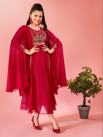 Green Embellished Flared Sleeves Georgette Maxi Dress