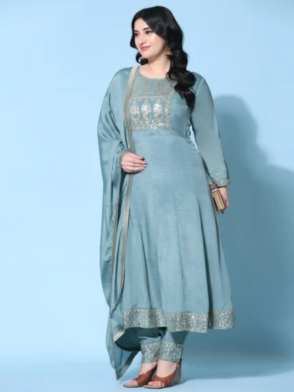 Embroidered Pleated Pure Silk Kurta with Trousers & With Dupatta