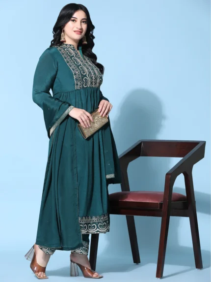 Embroidered Pleated Pure Silk Kurta with Trousers & With Dupatta