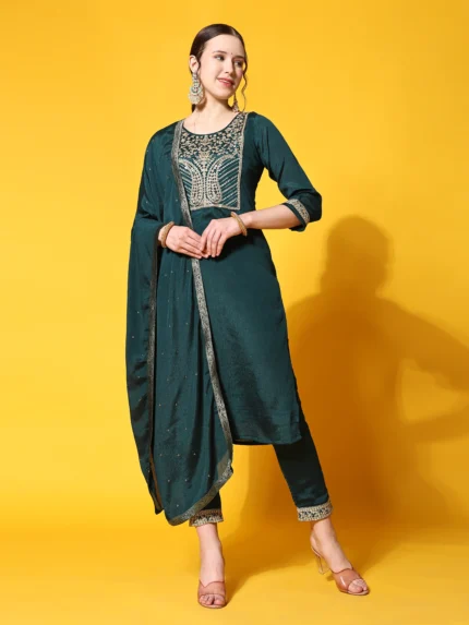 Ethnic Motifs Yoke Design Pure Silk Kurta With Trousers & Dupatta
